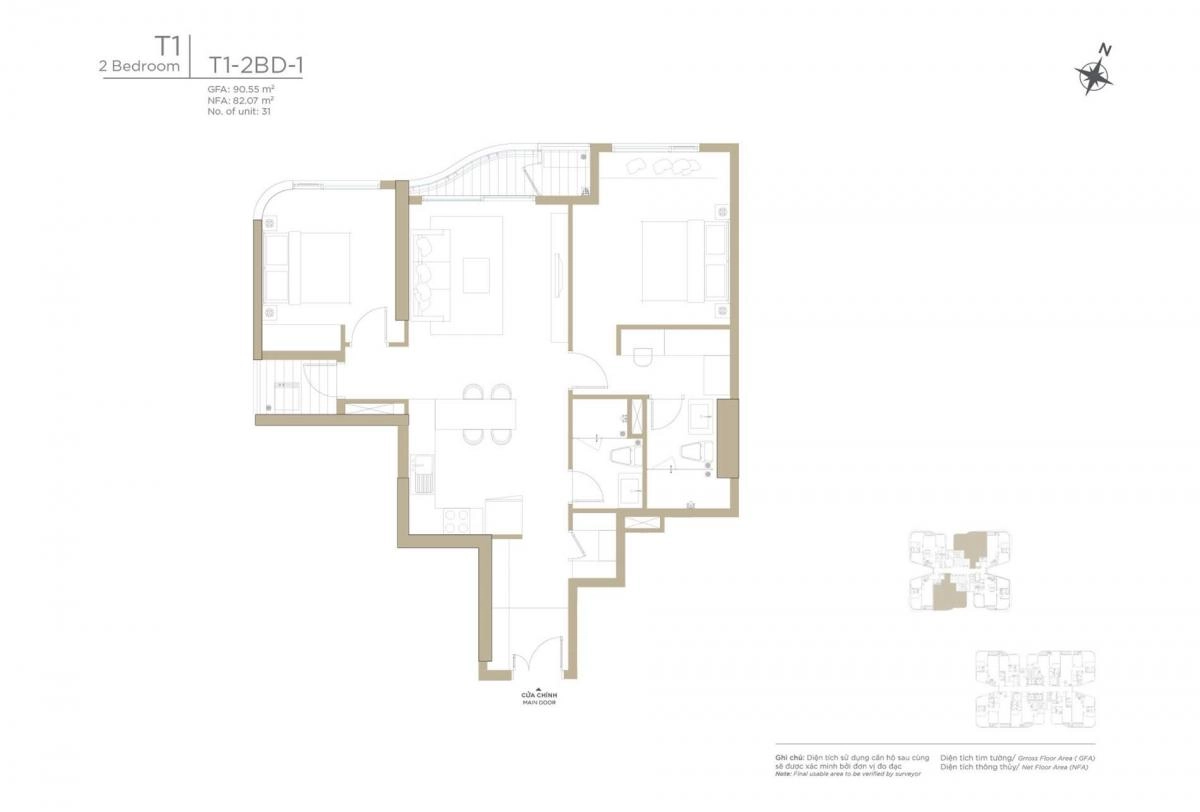 Layout căn hộ 2PN Zeit River Thủ Thiêm