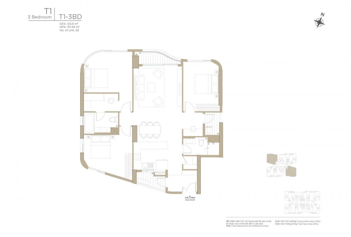 Layout căn hộ 3PN Zeit River Thủ Thiêm