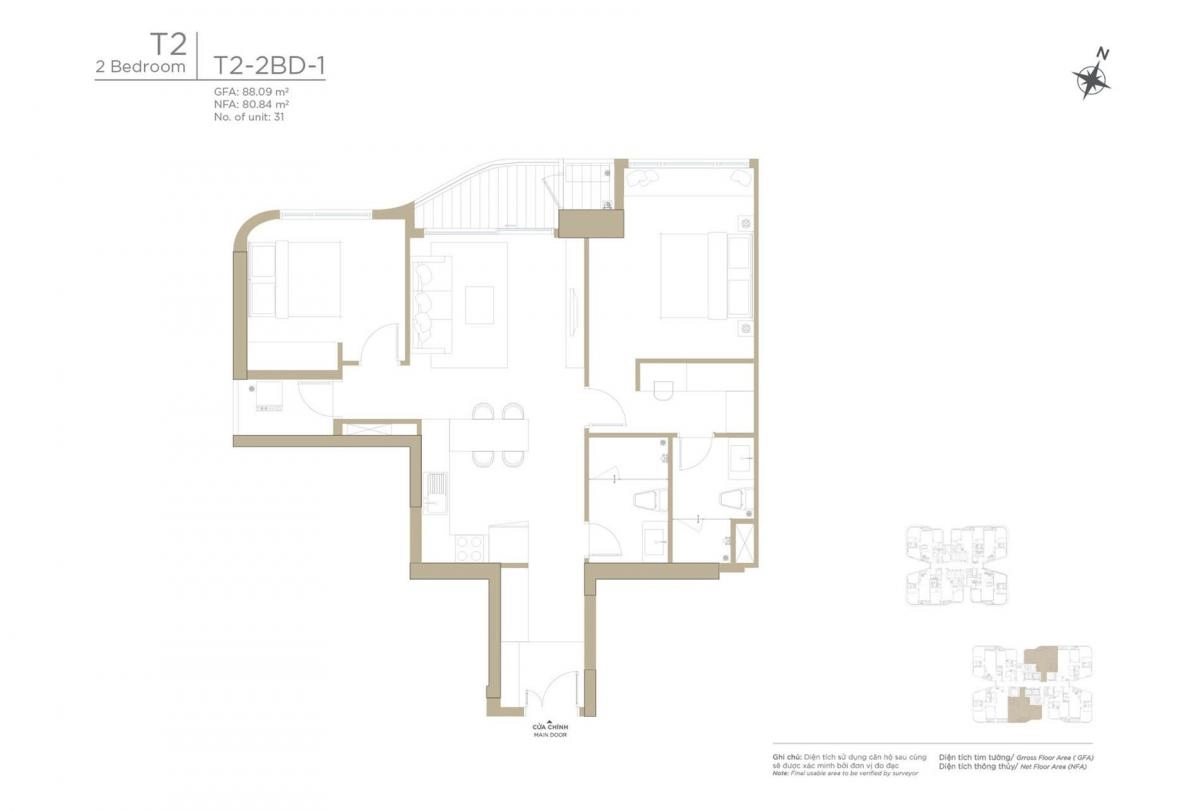 Layout căn hộ 2PN góc Zeit River Thủ Thiêm