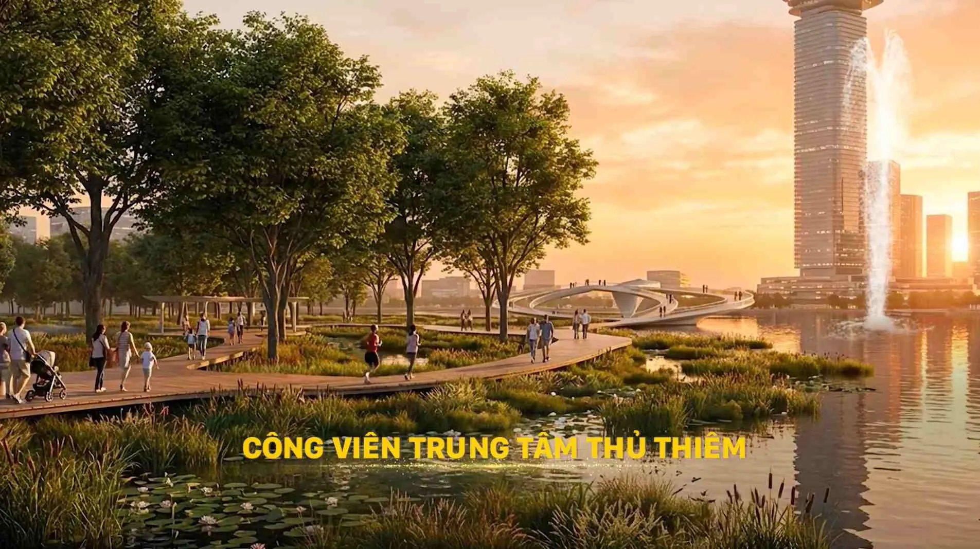 Phối cảnh công viên ven hồ với lối đi bộ gỗ trong khu trung tâm Thủ Thiêm lúc hoàng hôn
